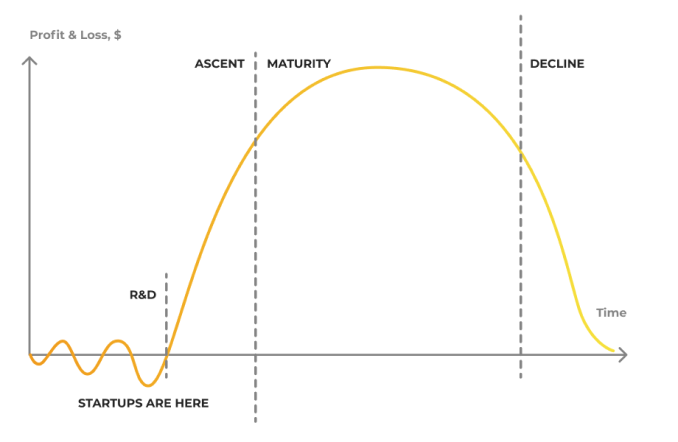 you are launched graph, r&d, ascent, maturity, decline stage, time, profit & loss